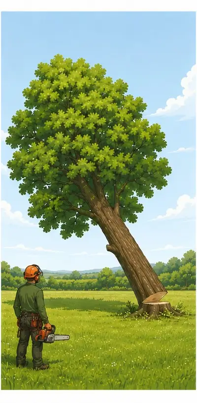 Illustration : abattage direct d'un arbre en plein champ, la charnière guide la chute