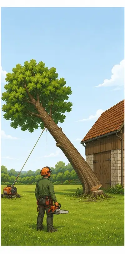 Illustration : abattage sur charnière assistée, câble de traction tendu vers le treuil