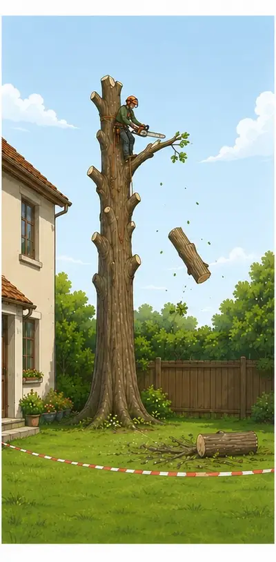 Illustration : démontage de sécurité, grimpeur dans l'arbre, tronçon tombant en zone dégagée