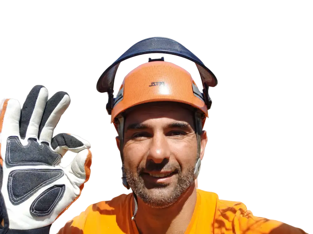 Jonathan, casque et visière d'élagueur sur la tête, fait le signe OK de sa main gantée