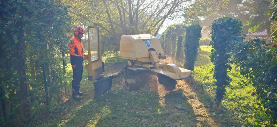 La rogneuse SC 505 au travail le long de la clôture, entre les piliers de la limite de propriété, à Trangé