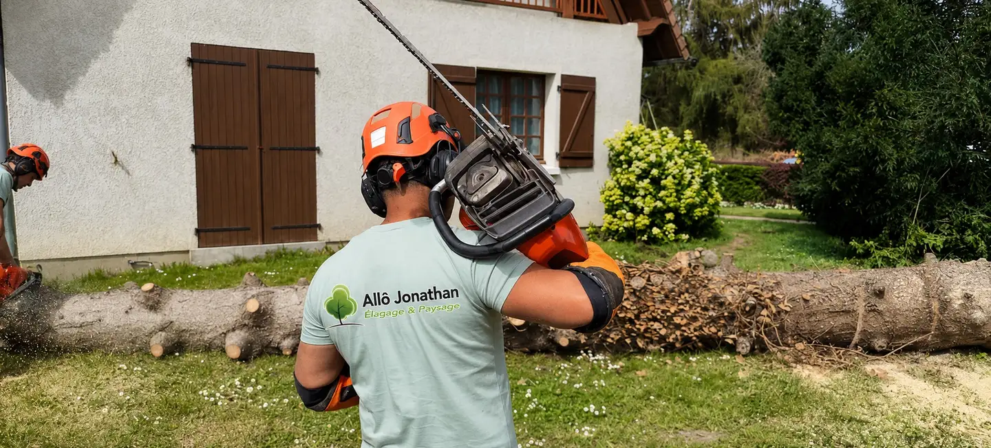 Jonathan de dos, t-shirt Allô Jonathan, casque et tronçonneuse à l'épaule, dans le jardin d'un client devant sa maison