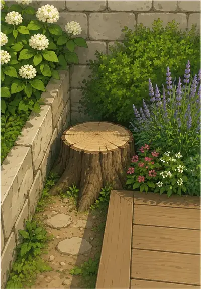 Illustration : la même souche coincée entre un muret et une terrasse, dans un angle de jardin