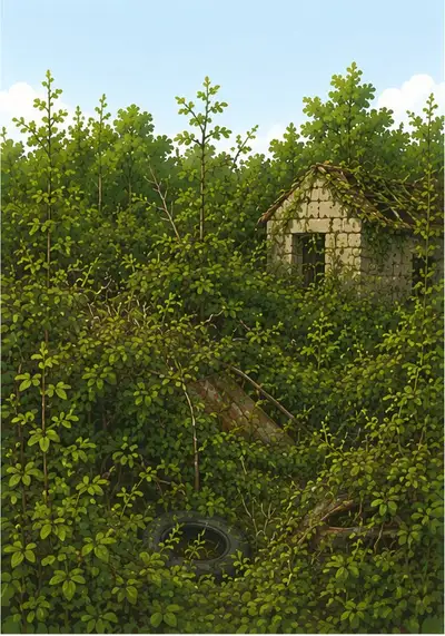 Illustration : la même parcelle devenue friche, le cabanon avalé par la végétation