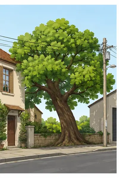 Illustration : le même chêne en ville, maison en dessous, branches dans les lignes électriques